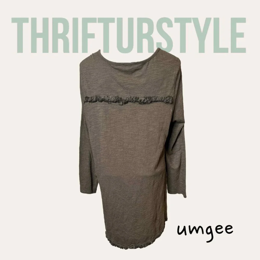 Umgee Tunic Top Olive Green Long‎ Sleeve Fringed Hem Detail Casual Comfy - Picture 3 of 6